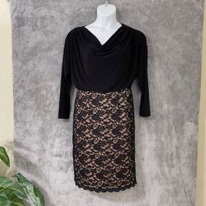Coldwater Creek Blouson/Lace Cocktail party midi Dress women’s 12 Black L.S.
